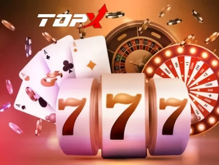 Rolos de slot com três setes, cartas e roleta com a marca TopX, ilustração sobre RTP